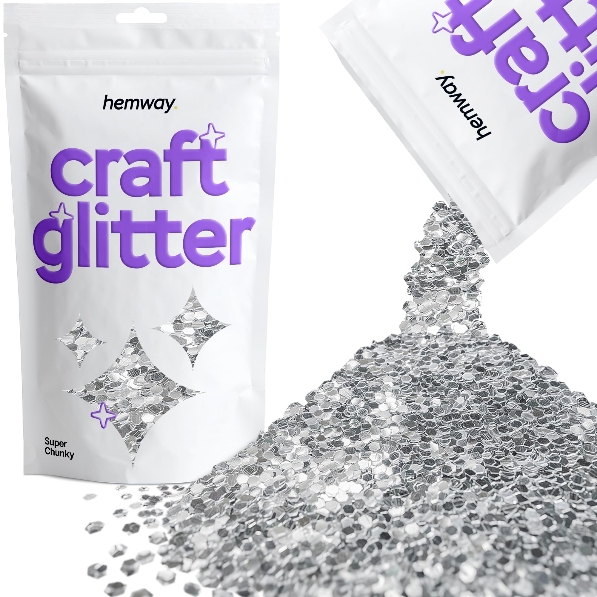 Hemway Craft Glitter Silver 100g Super Chunky Glitter for Crafts, Resin, Cosmetic, Nail, Face, Body, Festival, Tumblers, Art, Candle, Crafting