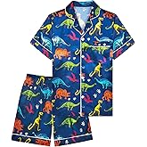 PASHOP Boys Pajamas Boys Satin Pajamas Set Summer Short Sleeve Button-Down & Shorts Pjs Kids Boy Silky Pajama Size 8-14