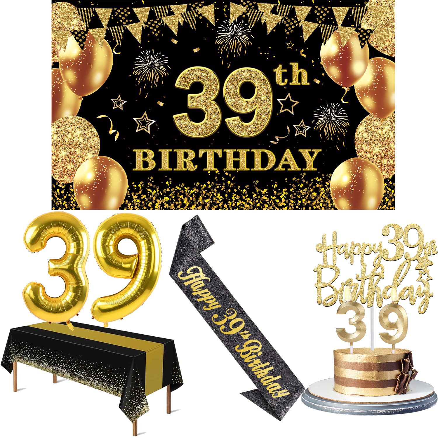Photo 1 of 39th Birthday Decorations Men Women with 39th Birthday Banner, Black and Gold Table Cloth, Number Balloons, Large Sash, Cake Topper and Candles