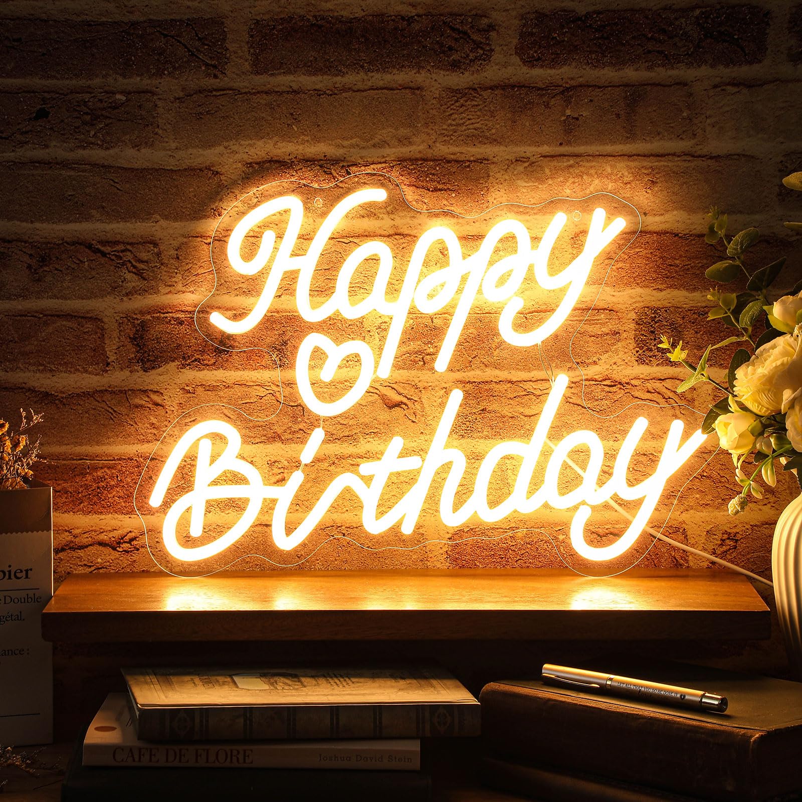 Photo 1 of Retisee Happy Birthday Neon Sign Warm White LED Light Sign USB Powered Light up Background Adjustable Brightness Wall Art Decor for Birthday Celebration Party Backdrop Gifts