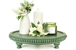 EOSAHR Round Pine Wooden Display Riser - Beaded Wood Riser for Small Plant Stand & Sink Sponge Holder, Perfume Display Stand - Rustic Kitchen Counter Organizer, Boho Chic Room Decor (Green)