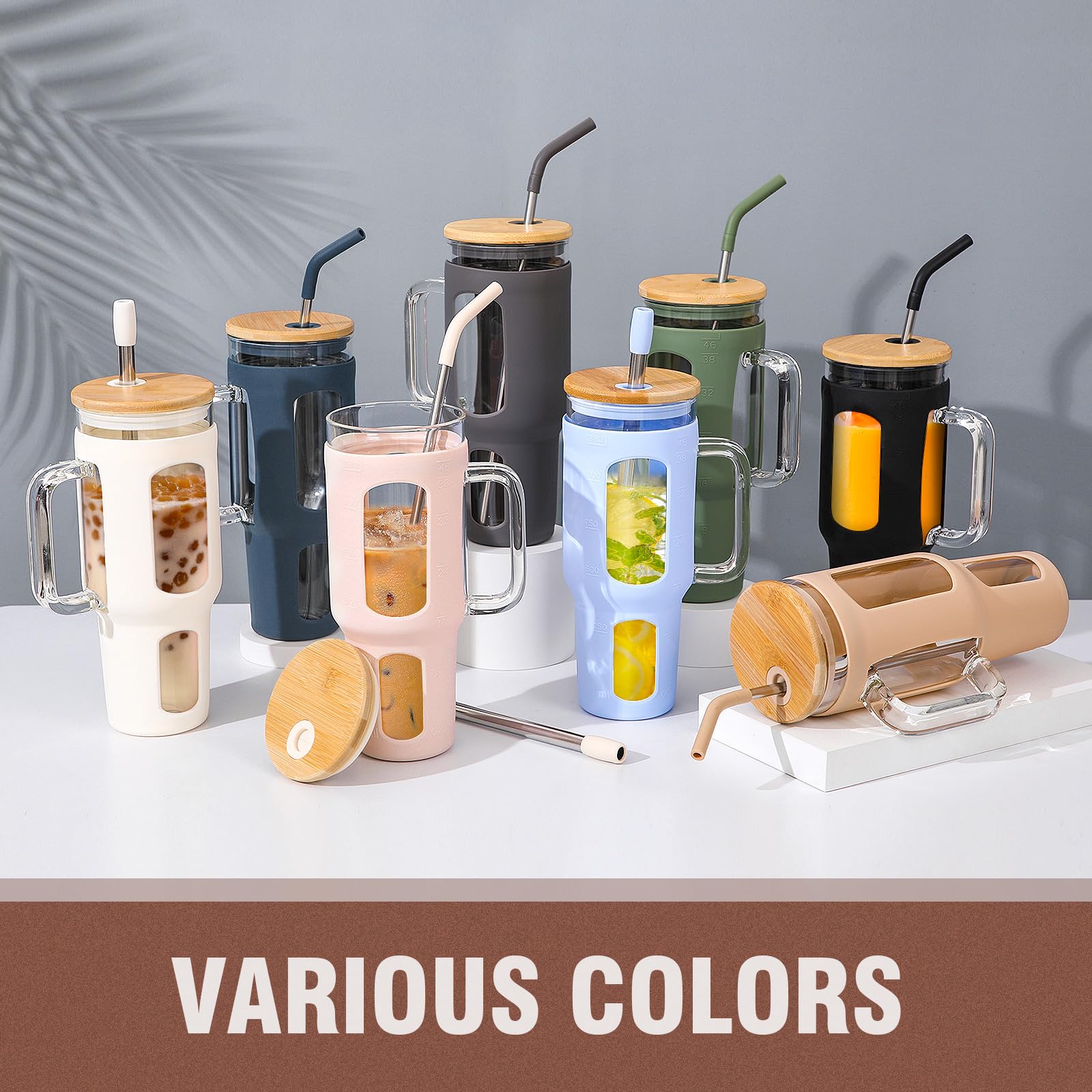 BLUEGO Tumbler becher mit Deckel und Strohhalmen, 1400ml Kaffeebecher To Go mit Henkel, Trinkbecher mit Silikonhülle, 1,4 L Tumbler becher mit 2 Strohhalmen, BPA-frei, Amber 7