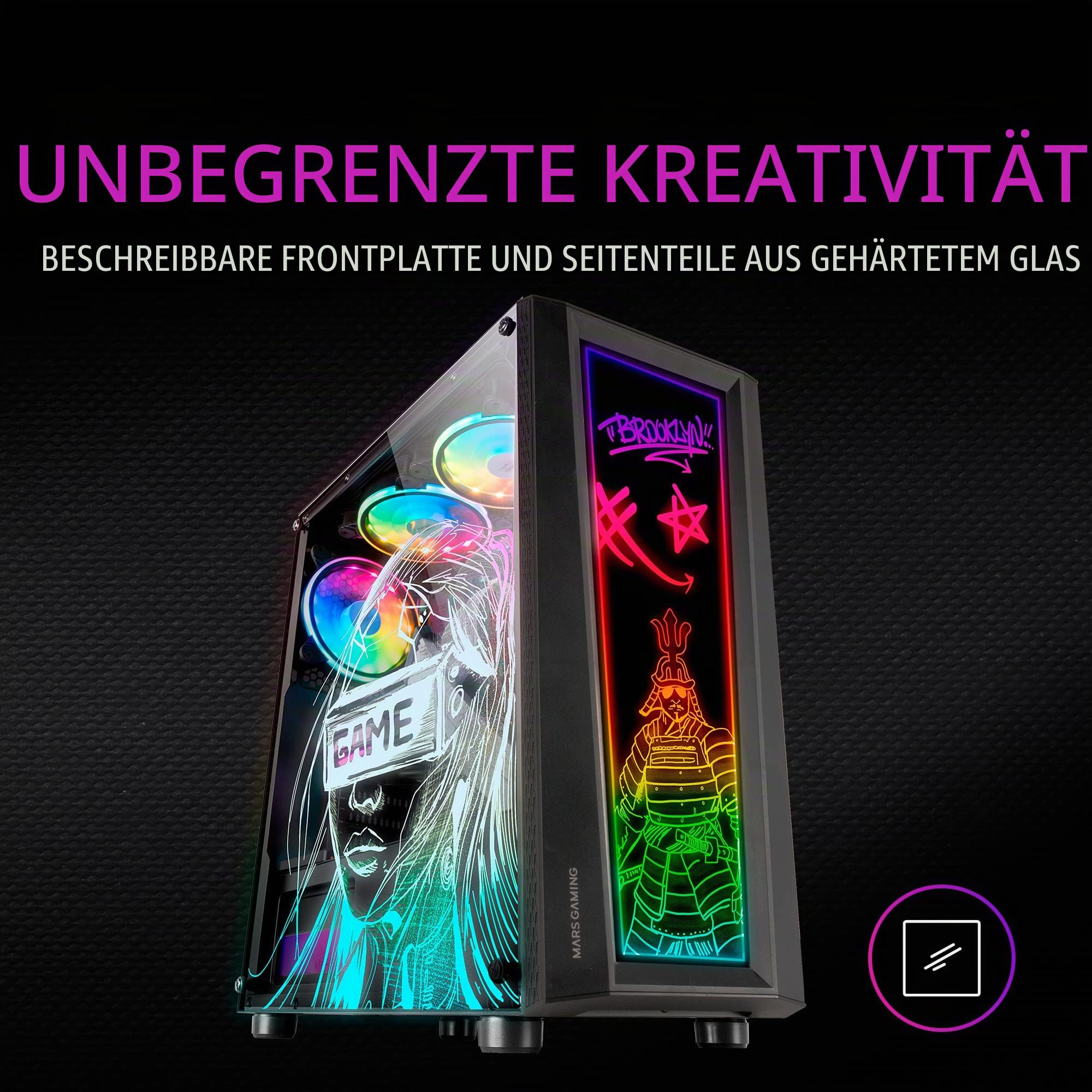 Mars Gaming MC-Art Schwarz, PC Gaming ATX Gehäuse, Doppelt Zeichnbar Gehärtetes Glas, ARGB 12 Mode, 12cm Lüfter, MCART 3