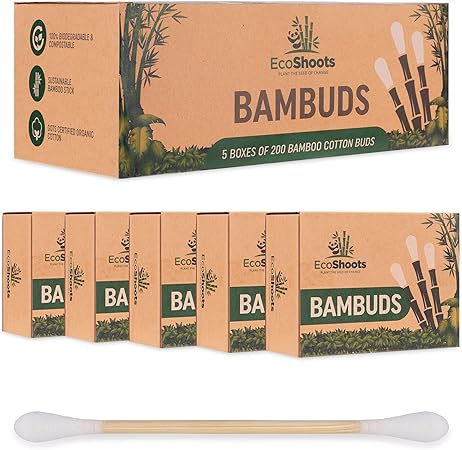 Ecoshoots 1000 Bamboe Wattenstaafjes Voordeelpakket Van 5 X 200 Biologische Bambuds Gerecycled Plastic Gratis Verpakking Gots Gecertificeerde Oordopjes Van Biologisch Katoen Biologisch Afbreekbare Wattenstaafjes En Composteerbare