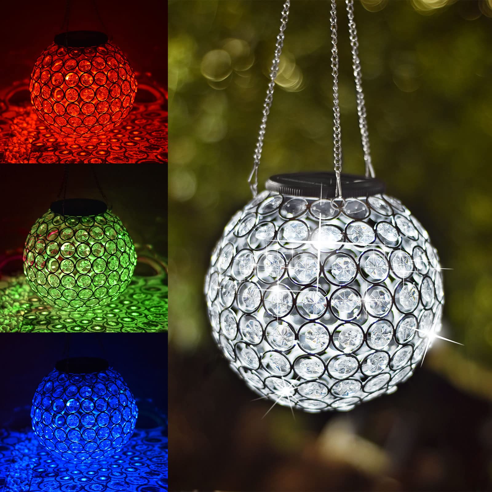 Photo 1 of Solar Hanging Lantern Outdoor Lights, Dual LEDs Color Changing and Cool White Hanging Light Waterproof Crystal Globe Lamp Decoration in Garden, Pathway, Front Door - Clear
