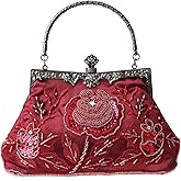 Womens Vintage Floral Beaded Rhinestone Embroidery Clutch Sequin Crossbody Bag Evening Handbag for Bridal Wedding Party Prom | Vintage, Floral, Beaded, Rhinestone, Embroidery, Sequin