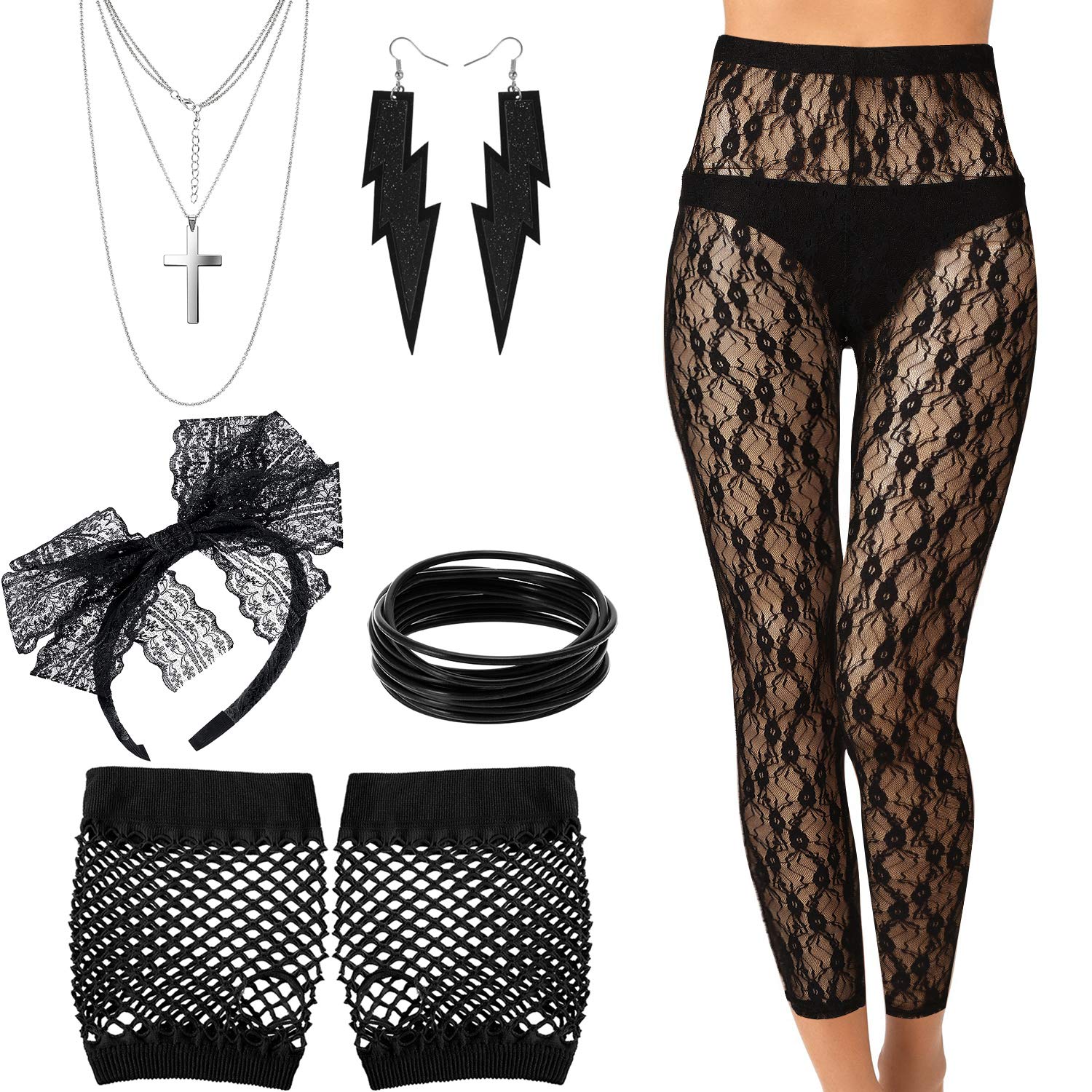 80s Costume Set, Lace Legging, Gloves, Bracelet, Earring Necklace for Party (XXL, Style A)
