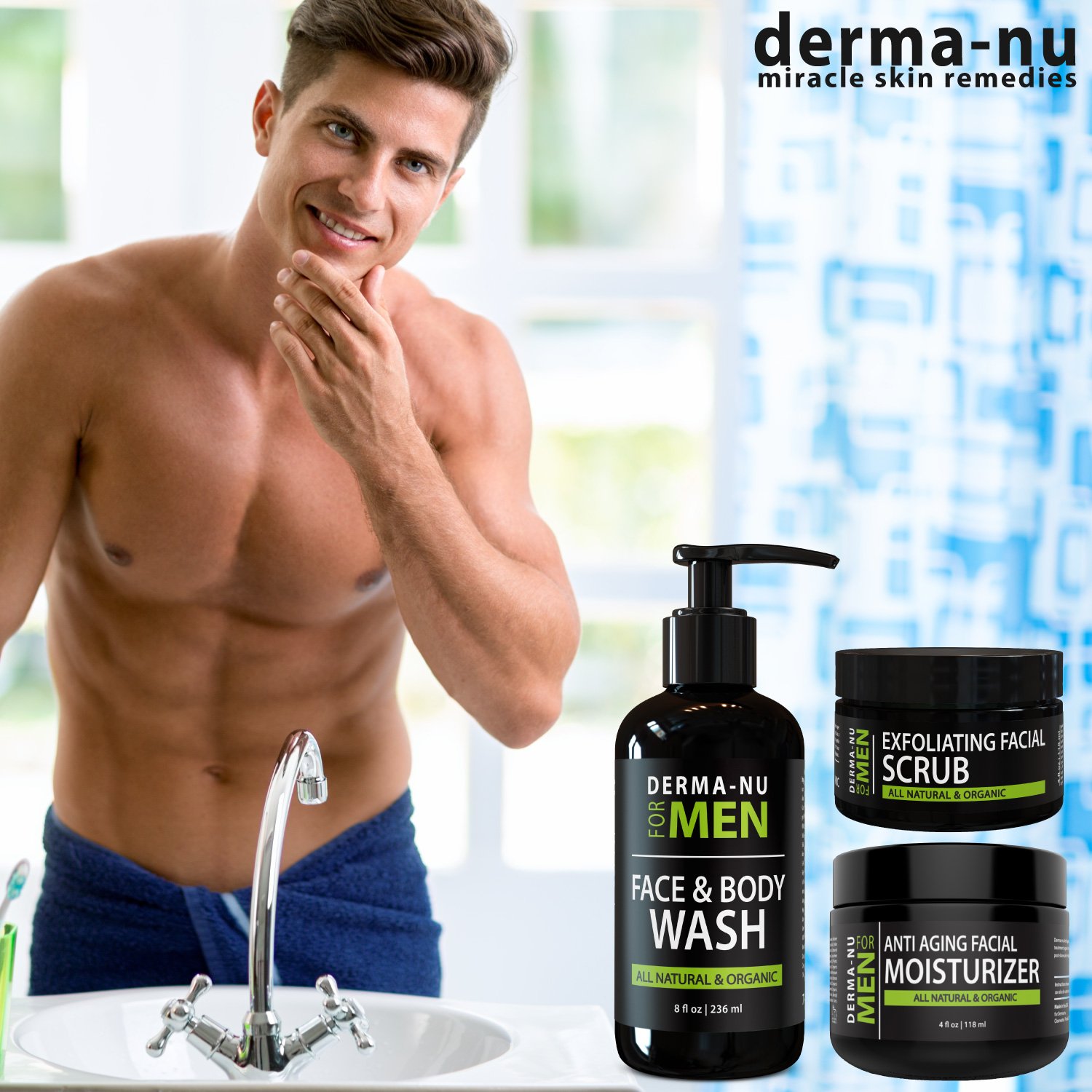 Mens Skin Care Set, Organic Skin Care for Men with Natural Face Wash, Body Wash, Exfoliating Face Scrub and Anti Aging Face Moisturizer, Our Mens Grooming Kit Refreshes Skin, Hydrates and Fights Acne : Beauty