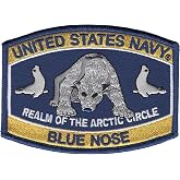Navy Blue Nose Polar Bear Arctic Collectible Novelty Embroidered Patch | 4.5 x 3.25 inch Navy hat patch, merrowed edge, iron-on backing. For a ball cap, jacket, vest or shadow box.