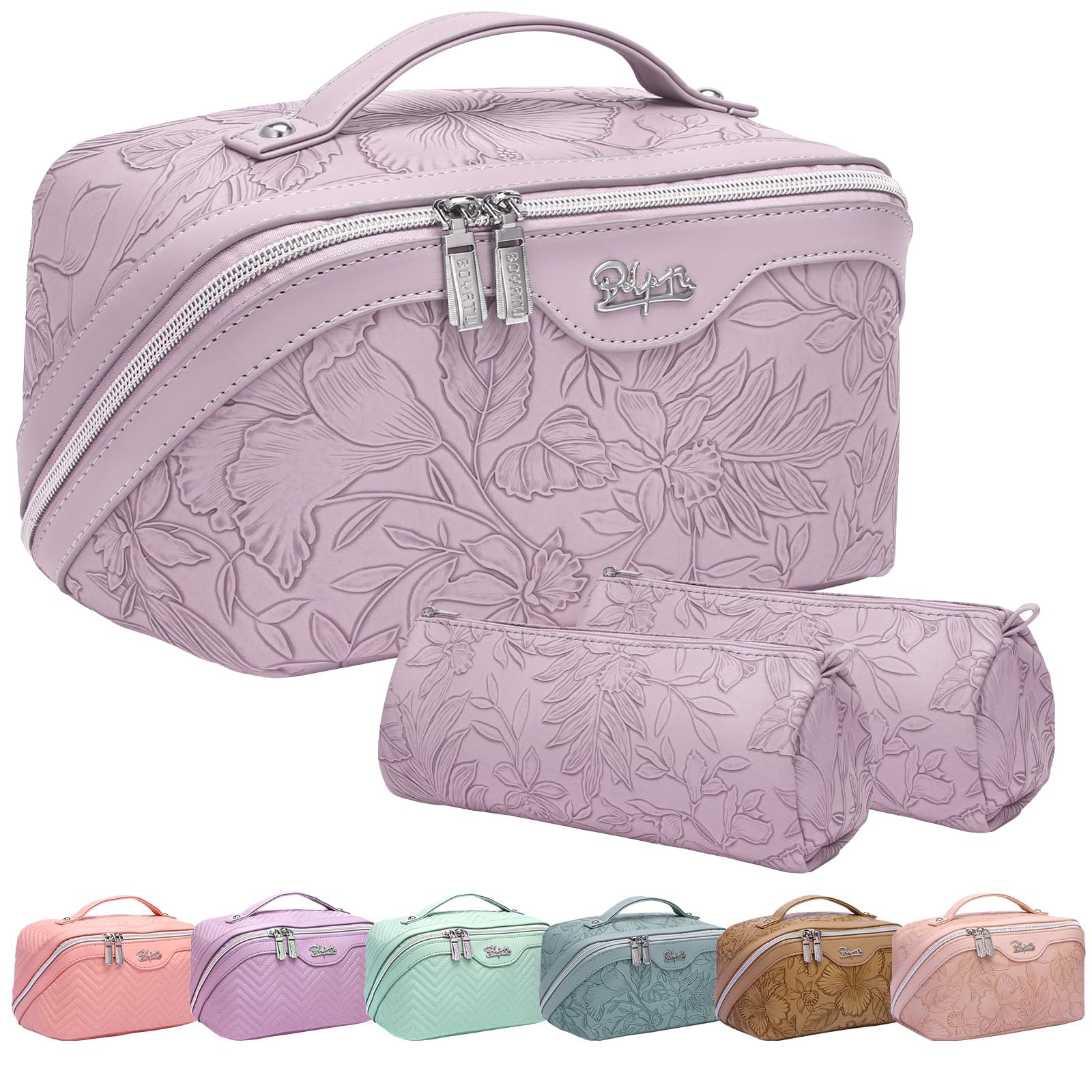 Photo 1 of BOYATU Travel Makeup Bags Cosmetic Organizer Bag: 3-Set Large Capacity Make up Bag - PU Leather Toiletry Bags for Women - Wide Open Portable Pouch with Divider & Handle (01-Z-Light Purple)