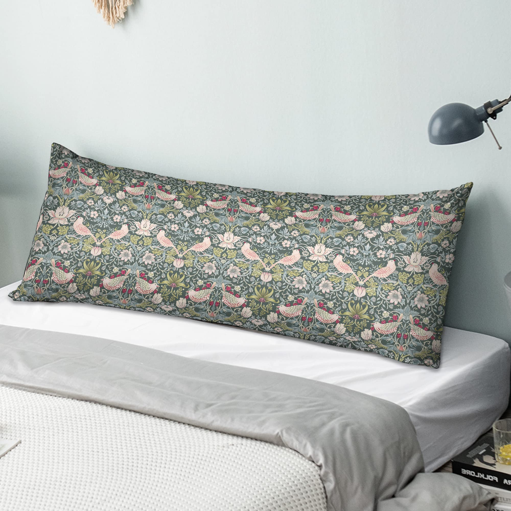 Obal William Morris Body Pillow Cases, Original Design Velvet Long Bolster Pillowcase Pregnancy Maternity Orthopaedic Support Pillow Cover (Double 54'' 137cm, Green Strawberry Thief)