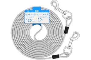 MOOONGEM Dog Tie Out Cable, 15ft Steel Wire Dog Leash Heavy Duty Tie Out Cable for Large Dogs Up to 125lbs Pull Force, Dog Runner for Yard Outdoor and Camping, Silver
