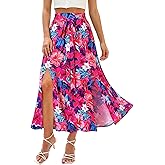 Ezcosplay Women Maxi Hawaiian Floral Slit Skirt High Elastic Waisted Split Thigh Long Skirts with Pockets