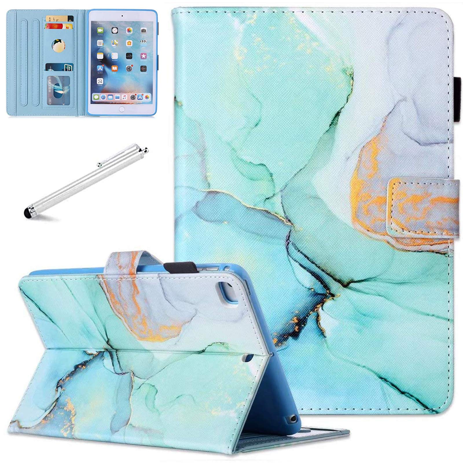 Fancity for iPad 9th Gen Case - 10.2 Inch PU Leather Case with Pen Holder, Card Slot, Smart Wake/Sleep Stand, Green Marble
