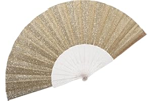 SIISSAPEKSID Glitter Women Handheld Fan with Shining Transparent Fan Rib – Ideal for Wedding, Church, Festival, Dance, Party Prom, Club, and EDM Accessories, Light Gold