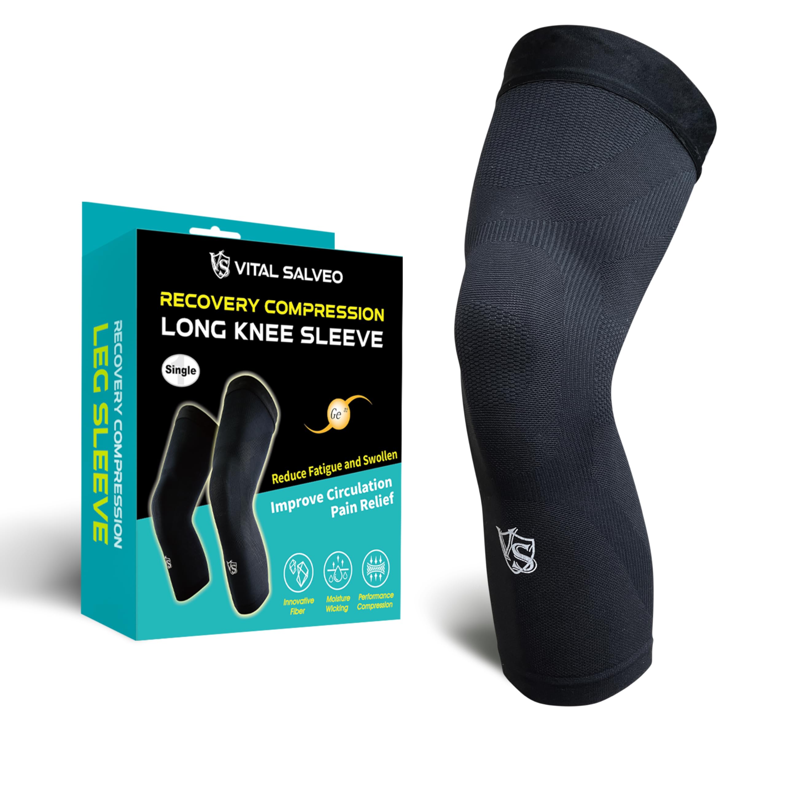 Vital Salveo-Sports and Outdoor Compression Long Knee Sleeve Support- Germanium Recovery Running, Basketball (1 PC)-Large