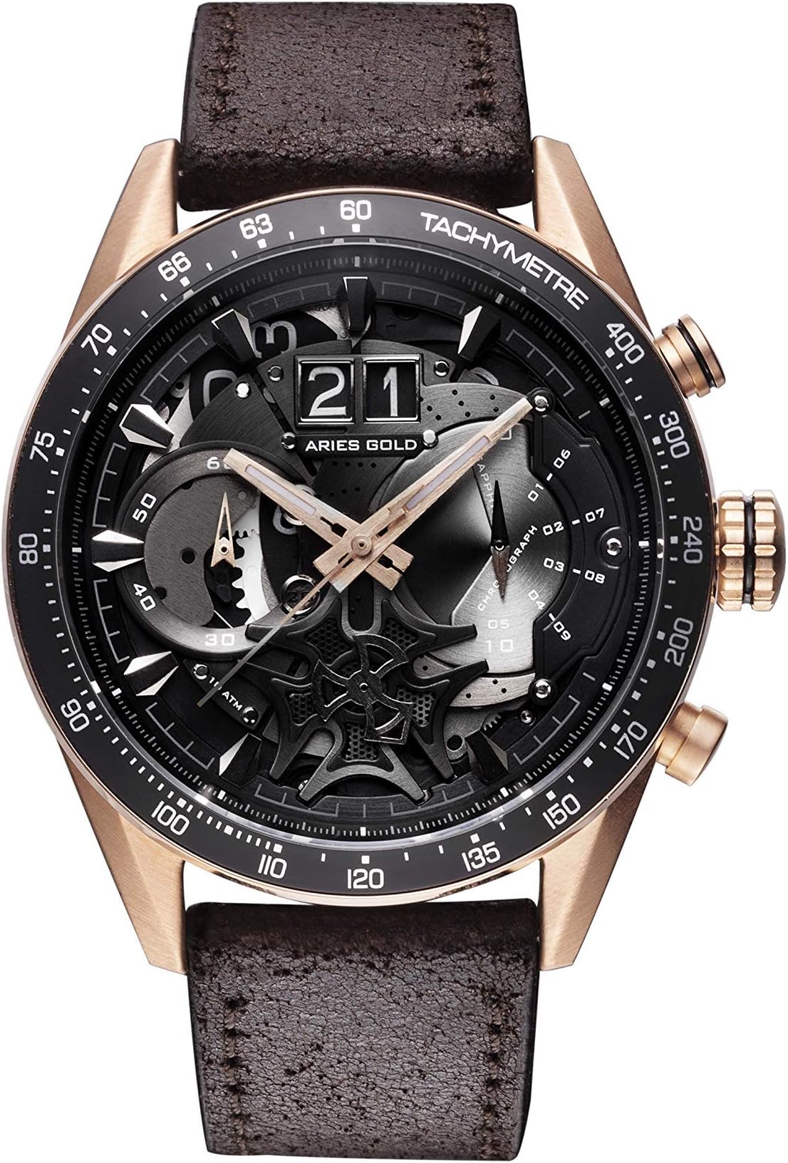 ARIES GOLD Chronograph Jolter Black Stainless Steel G 7008 RG-BK Leather Strap Men's Watch
