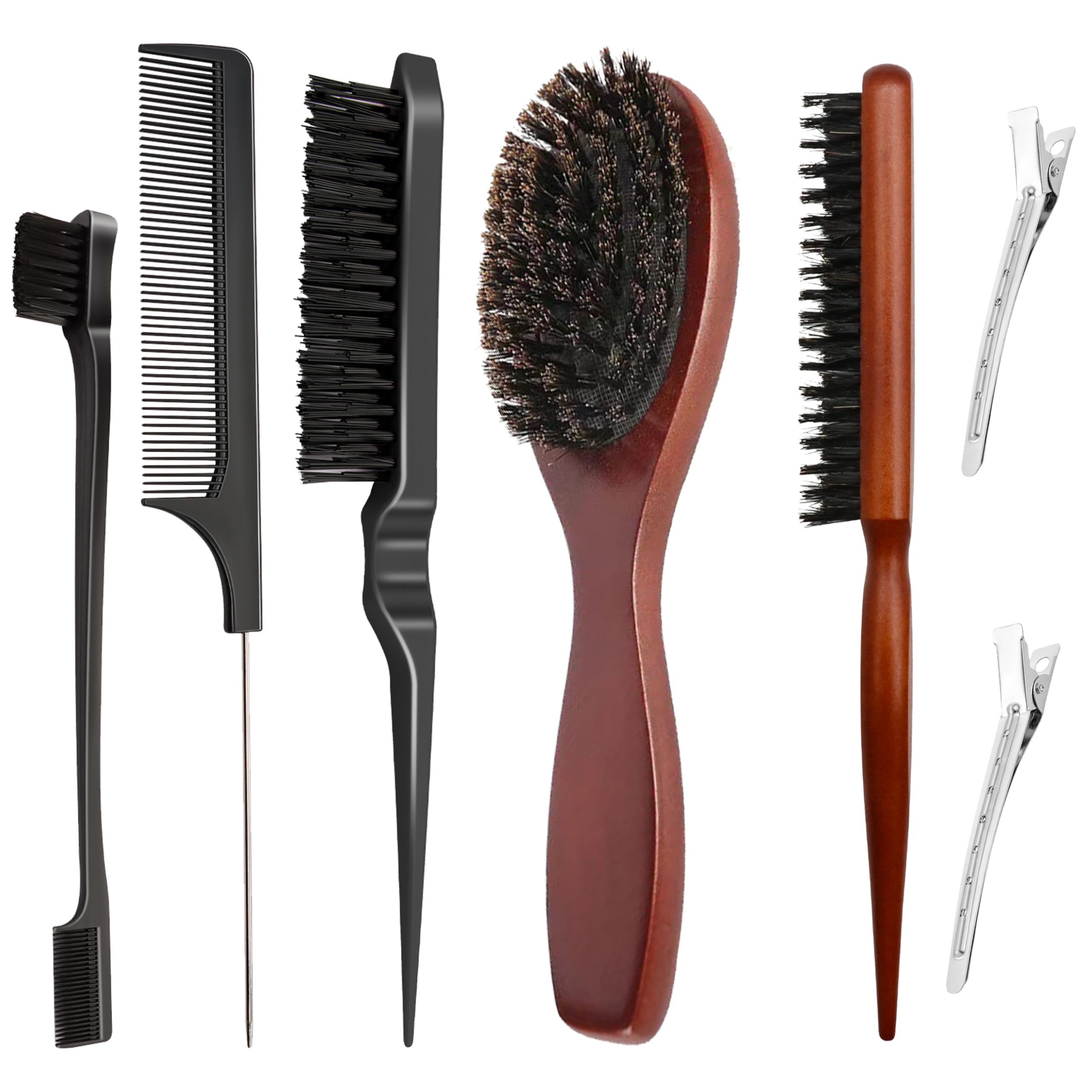 7 Pcs Hair Brushes Set, Boar Bristle Hair Brushes Back Combing Brush Hairstyling Comb with 2 Hair Clips, Professional Teasing Hairs Brush for Women Men Kids Salon Hairs Slicking Styling Smoothing