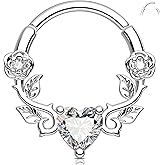 Melighting Heart Septum Ring 16G, Rose Daith Piercing Jewelry, 316L Stainless Steel Vine Septum Jewellery Clear CZ Helix Cartilage Earring for Women 8/10 mm
