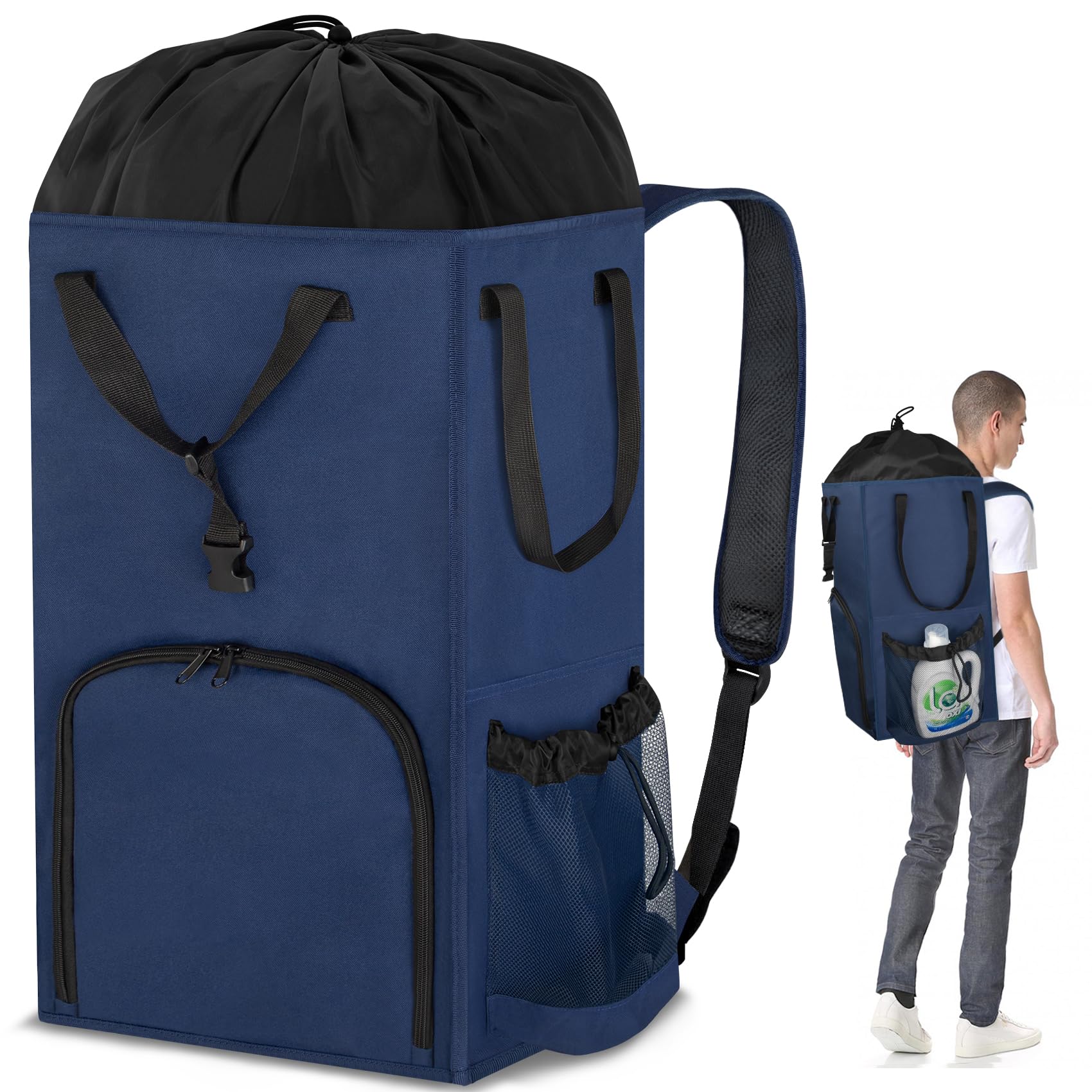 Photo 1 of 110L Backpack Laundry Bag, Laundry Backpack Heavy Duty with Shoulder Straps, Collapsible and Mesh Pocket Back to School Supplies Hamper Bag for College, Travel, Laundromat, Apartment Blue