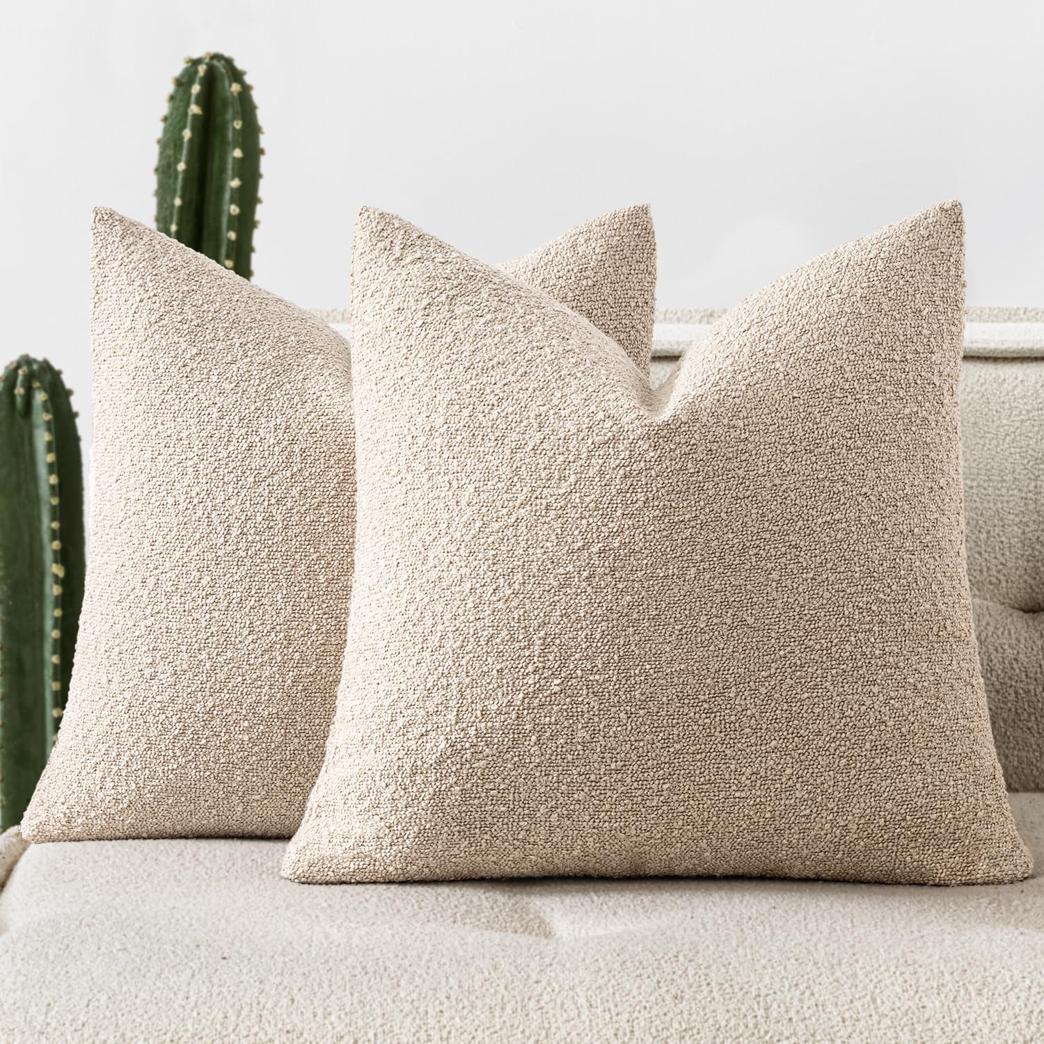 Photo 1 of Woaboy Pack of 2 22x22 Inch Decorative Boucle Throw Pillow Covers Textured Square Pillowcaes Accent Euro Solid Cozy Soft Cushion Covers Home Decor for Sofa Couch Living Room Home Decor,Neutral