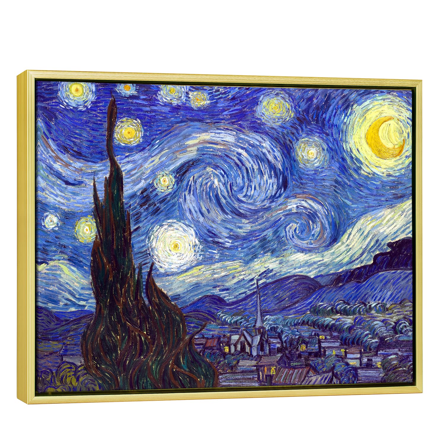 Wieco Art Gold Framed Canvas Prints of Starry Night by Vincent Van Gogh Paintings Reproduction Post-Impressionism Artwork for Living Room Home Office Decorations
