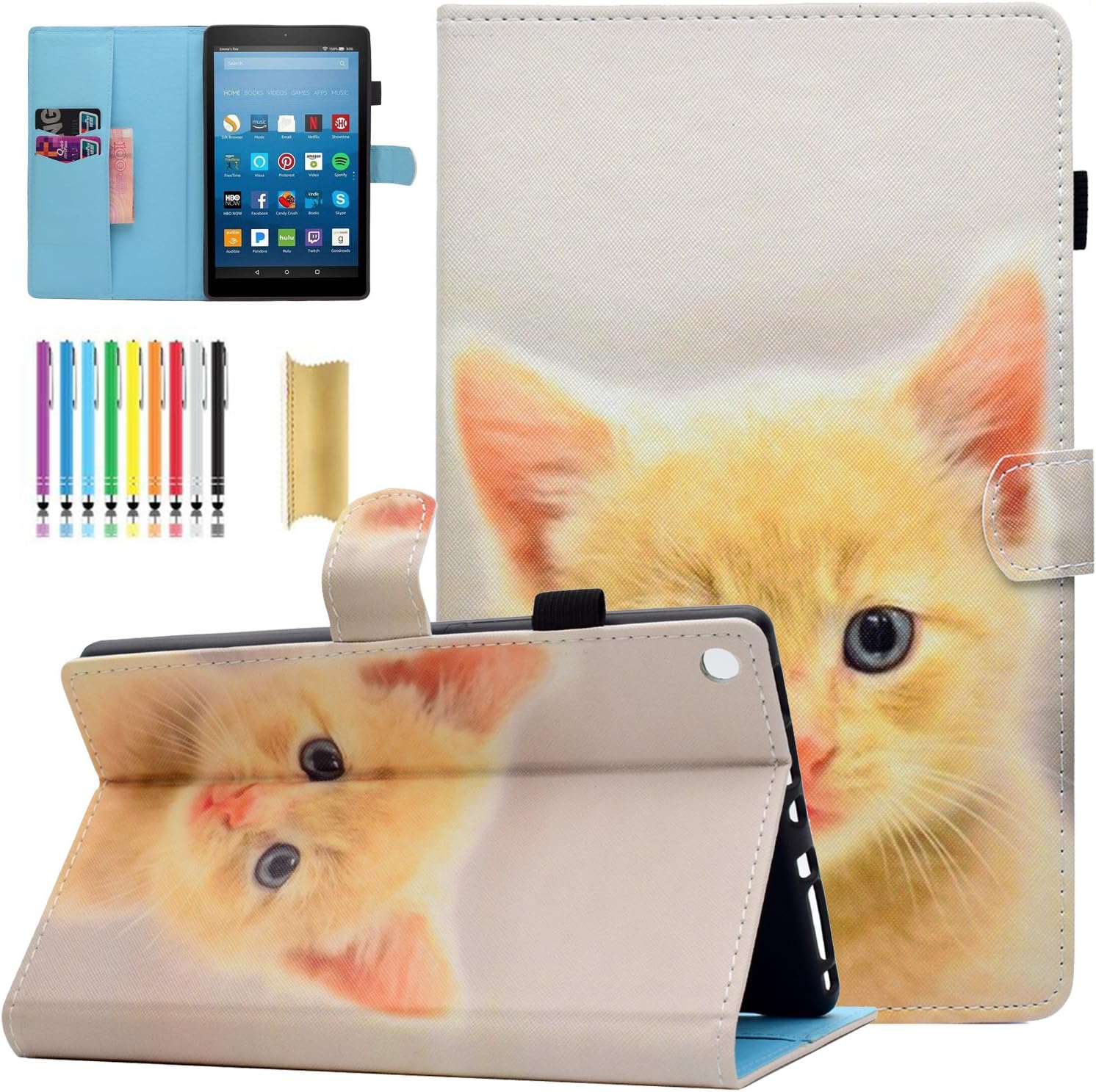 Amazon Fire HD 8 Tablet Case, Casii Ultra Slim Cute Premium Leather Flip Case Smart Magnetic Wallet Cover Folio Stand with Auto Sleep/Wake Feature for Kindle Fire HD 8 (2016/2017 Release), Cute Cat
