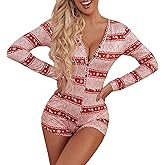 RUIWANBBY Christmas Pajamas Romper for Women One Piece V-Neck Short Jumpsuit Long Sleeve Bodycon Xmas One Piece Pjs Sleepwear