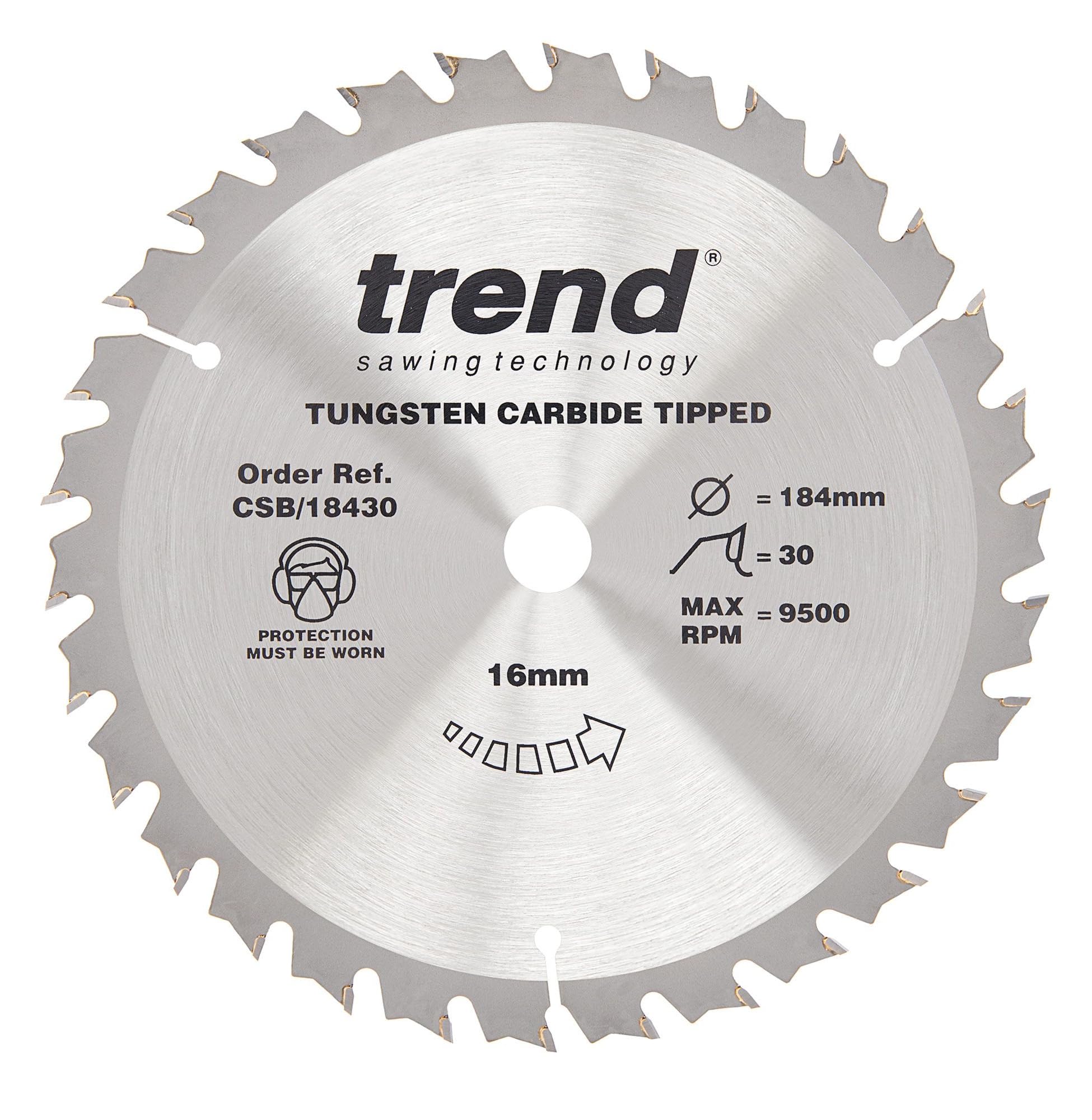 Trend Wood Circular Saw Blade, 184mm Diameter, 16mm Bore, 30 Teeth, 2.6mm Kerf, +15° Hook, TCT, Medium Finish, CSB/18430