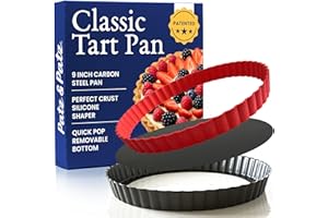 Patz&Patz Classic Tart Pan 9 Inch Removable Bottom with Patented Silicone Crust Shaper | Nonstick Carbon Steel Quiche Baking 