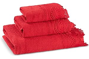 Zahari Home 3 Piece Laced Towel Set - Stylish Soft Plush Cotton Towels with Hand Towel & Washcloth - Highly Absorbent Towels for Bathroom, Gym, Hotel & Spa (Crochet Red)