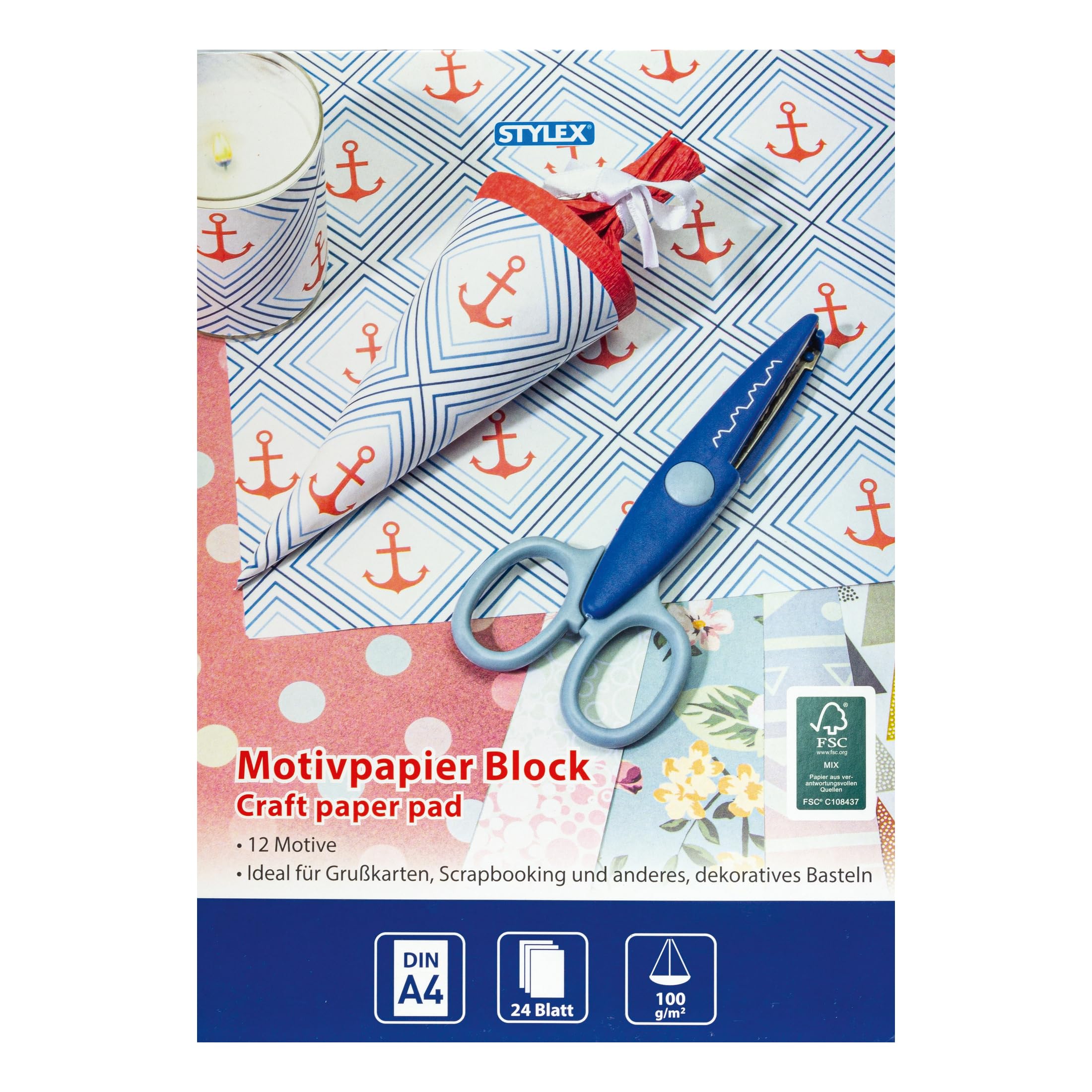 Stylex 46460 Writing Paper DIN A4 24 Sheets 100 g/m2 Assorted in 12 Different Designs for Crafts and Decorating