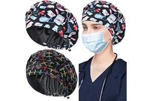 ABAMERICA Bouffant Caps with Button and Sweatband, Adjustable Scrub Caps for Women Men, One Size Fits All（2 Pack）