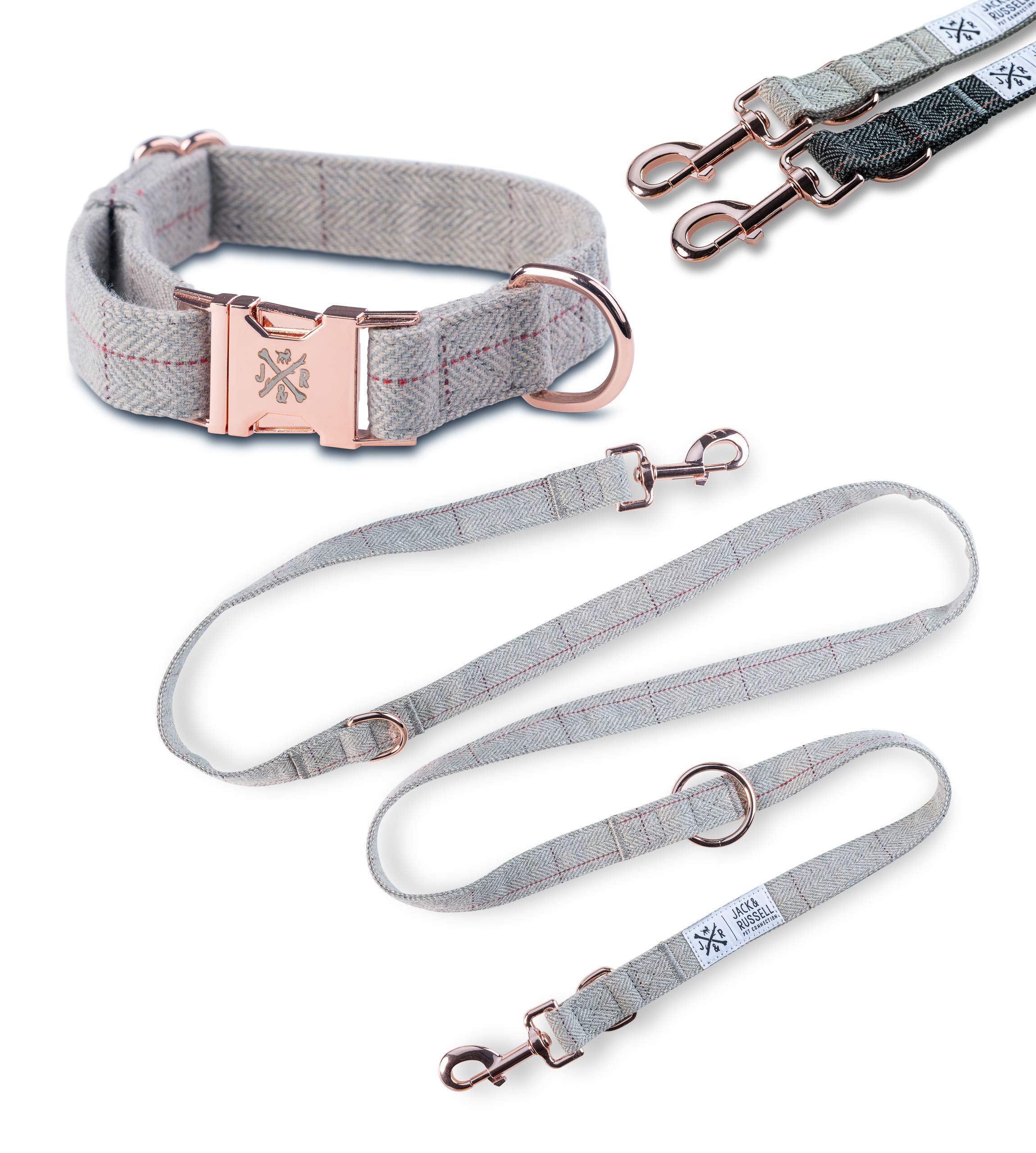 Jack & Russell Tweed Set Dog Lead 2.0 m + Collar with Rose Gold Carabiner - Elegant Multiple Adjustable (S/M, Mottled Grey)