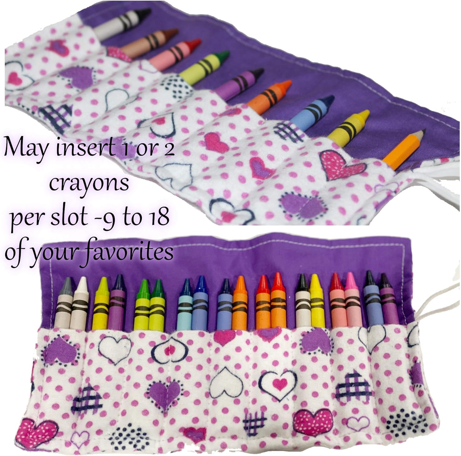 On The Go Crayons Caddy Holder wrap roll up case, Holds 9 to 18 Favorite Colors, Perfect to Keep Your Kids Organized, Inspired, & Entertained -8 Crayons Included! USA Handmade (Red Hearts, Small): Office Products