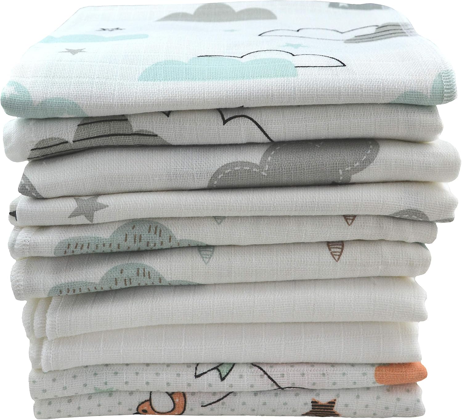 Muslin Swaddle, Pack of 10, Blend, Baby Towels, 80 x 70 cm, Absorbent, Oeko-Tex Certified (Unisex Clouds Set) - Image 3