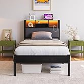 Crocofair Twin Size Bed Frame with Charging Station and LED Lights,Upholstered Headboard with Storage Shelves, Metal Platform Bed Frame, Noise Free, No Box Spring Needed,Easy Assembly,Black (Twin)