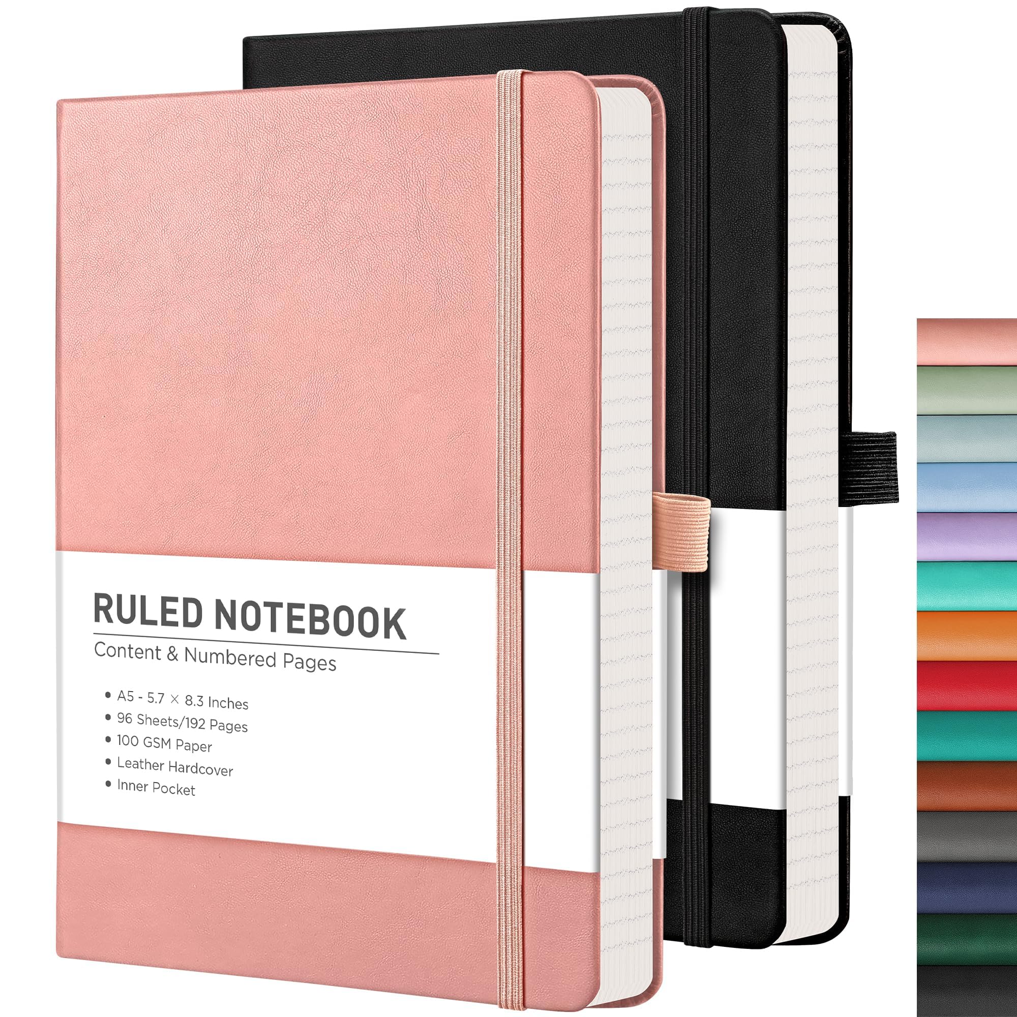 RETTACY Notebook A5 Lined Hardback 2 Pack - Thick Journal with 376 Numbered Paper, 2 Free Sticky Notes Divider,100gsm Paper,8 Perforated Sheets, Pen Loop, Inner Pocket, 14.5 x 21cm（Black Pink