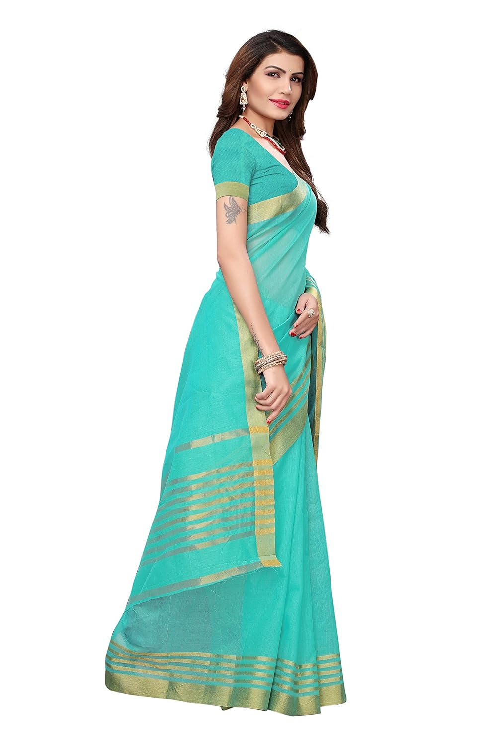 indira designer women's art cotton silk gold stripes saree with blouse