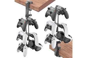 KOSKER Gaming Headset and Controller Stand Under & Over Desk, 3-Tiers Controller Holder with Headphone Hook Clip, Under Desk Headphone Hanger and Game Controller Organizer with Cable Clip & 360° Rotation