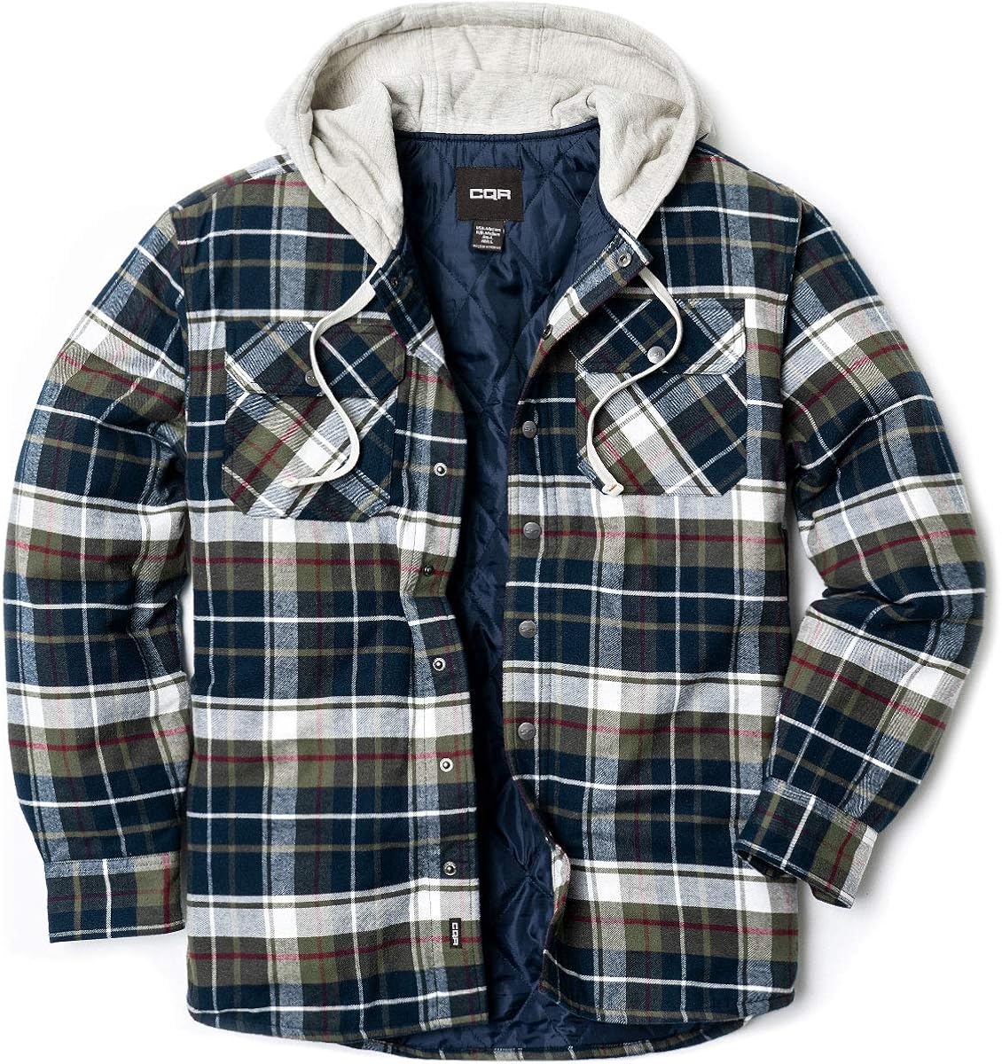 CQR Men’s Hooded Quilted Lined Flannel Shirt Jacket, Long Sleeve Plaid Button Up Jackets: Clothing