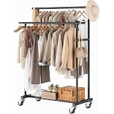 Calmootey Rolling Garment Rack, Sturdy Clothes Organizer for Bedroom | Double Rods, Two Lockable Wheels, Sturdy &amp; Lightweight Metal Frame, Space-Saving, Fits Laundry, Living Room, Black