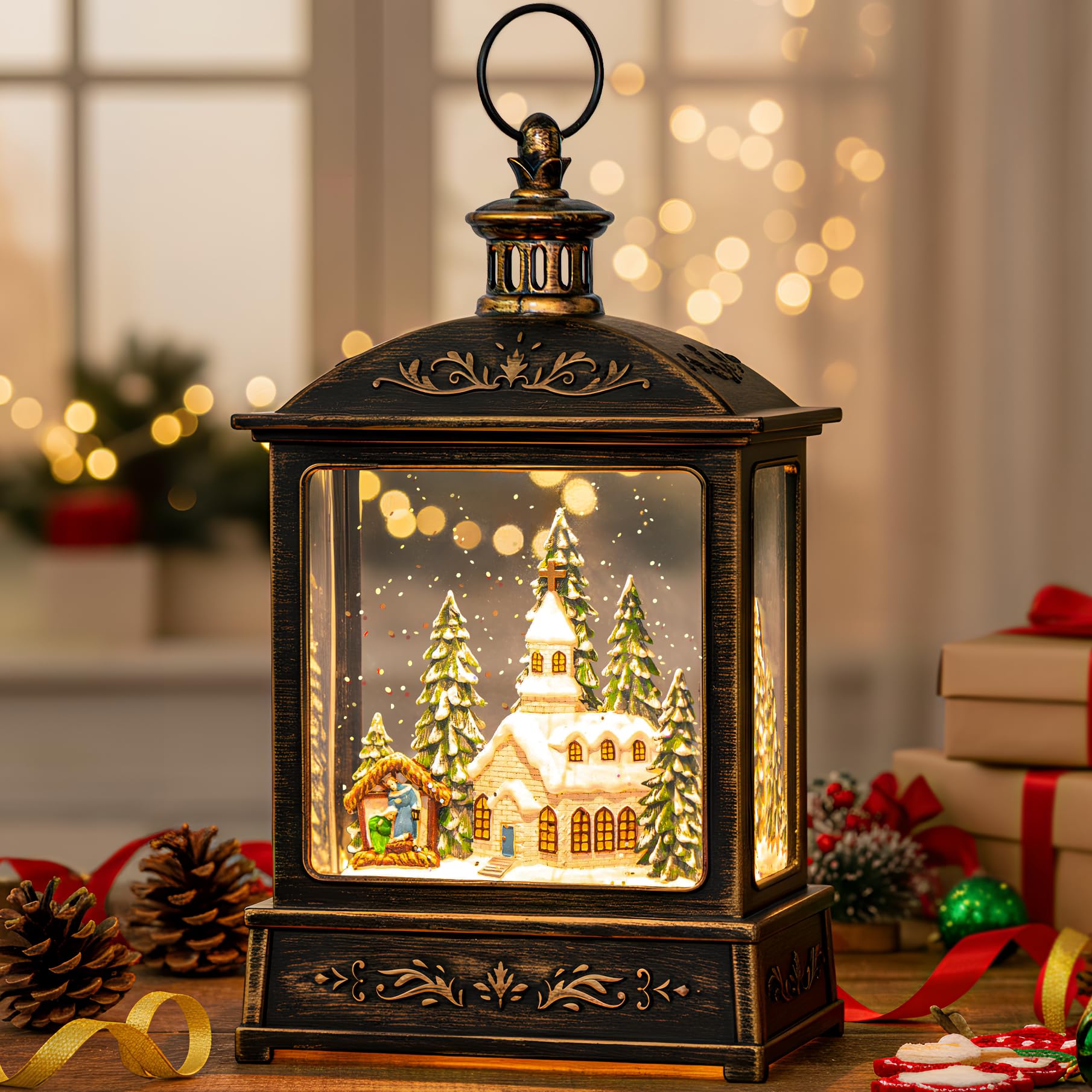 Photo 1 of 12.5'' Musical Snow Globe Lantern Lighted Church with Nativity Manger Scene Water Lantern in Swirling Glitter, Christmas Home Decoration and Gift, Battery Operated or USB Powered