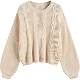 ZAFUL Women's Cable Knit Crewneck Sweater Lantern Sleeve Cropped Chunky Casual Pullover Top