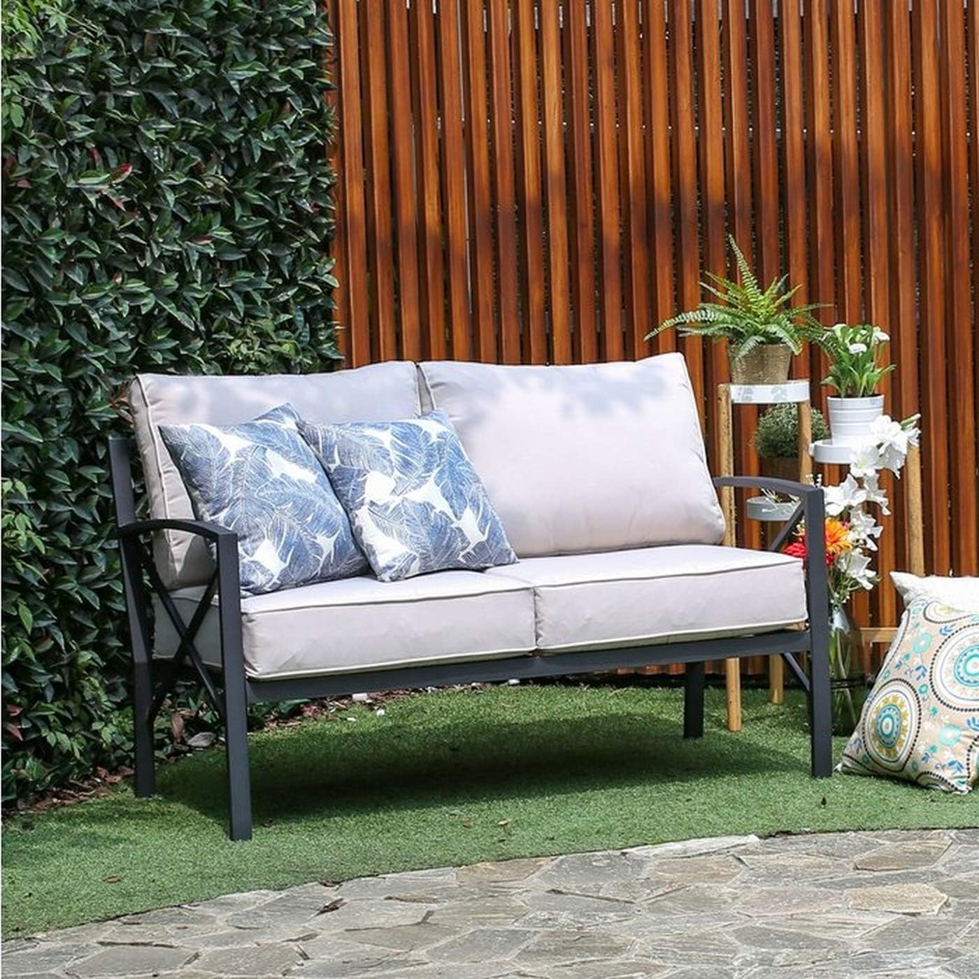 Creative Living 4 Piece Patio Furniture Conversation Set Northwind All Weather Outdoor Loveseat Sofa 2 Chairs Table w/Cushions, Beige, Begie : Garden & Outdoor