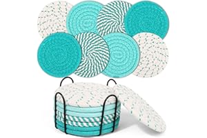 Mckanti 8 Pcs Coasters for Drink with Holder, 4 Colors Absorbent Coasters for Drinks, Minimalist Cotton Woven Coaster Set for Home Decor Tabletop Protection Suitable for Kinds of Cups, 4.3 Inches.