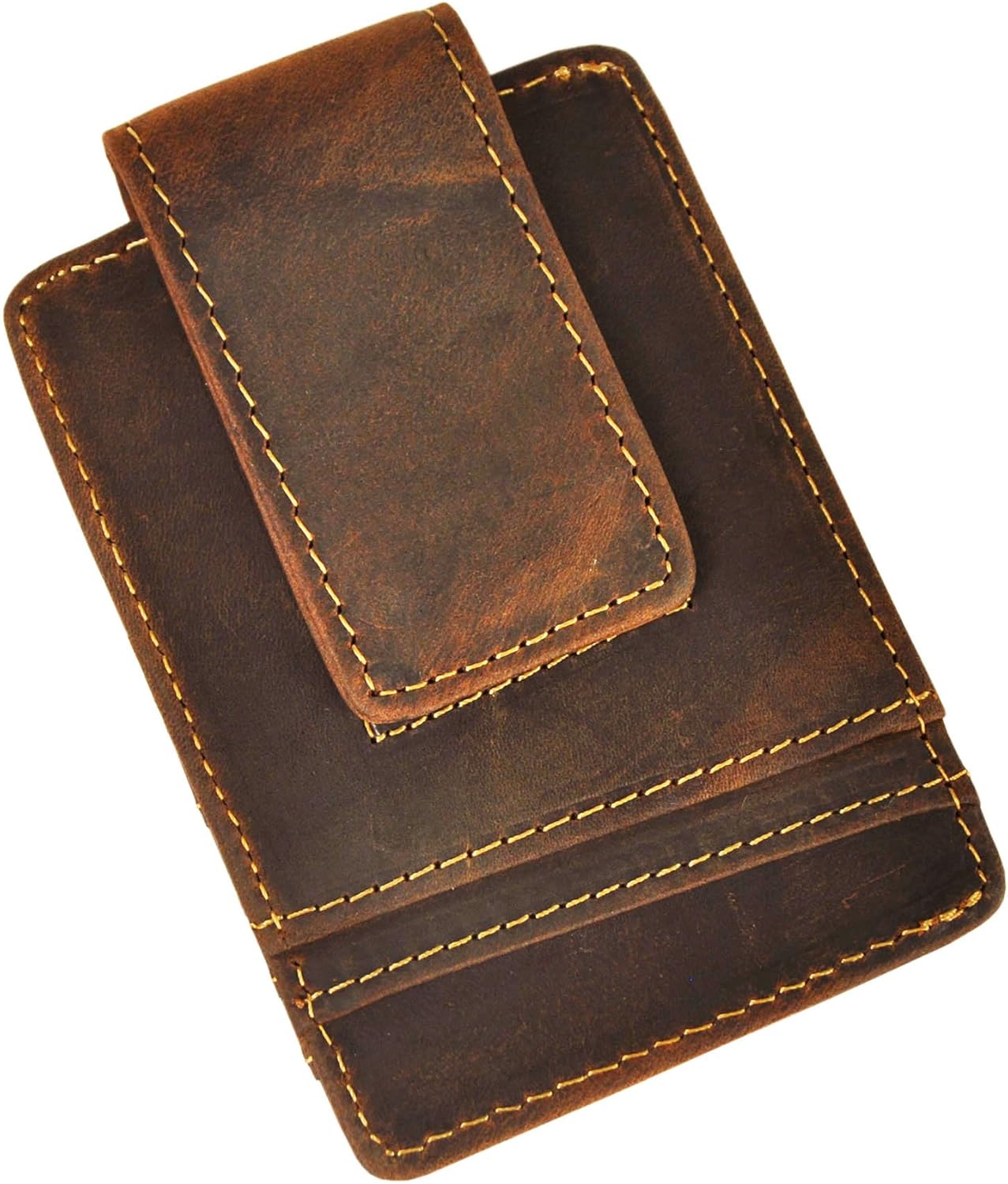 Le'aokuu Mens Genuine Leather Cowhide Magnet Money Clip Credit Case Case Holder Slim Wallet 1058 (1058 A-Dark Brown)