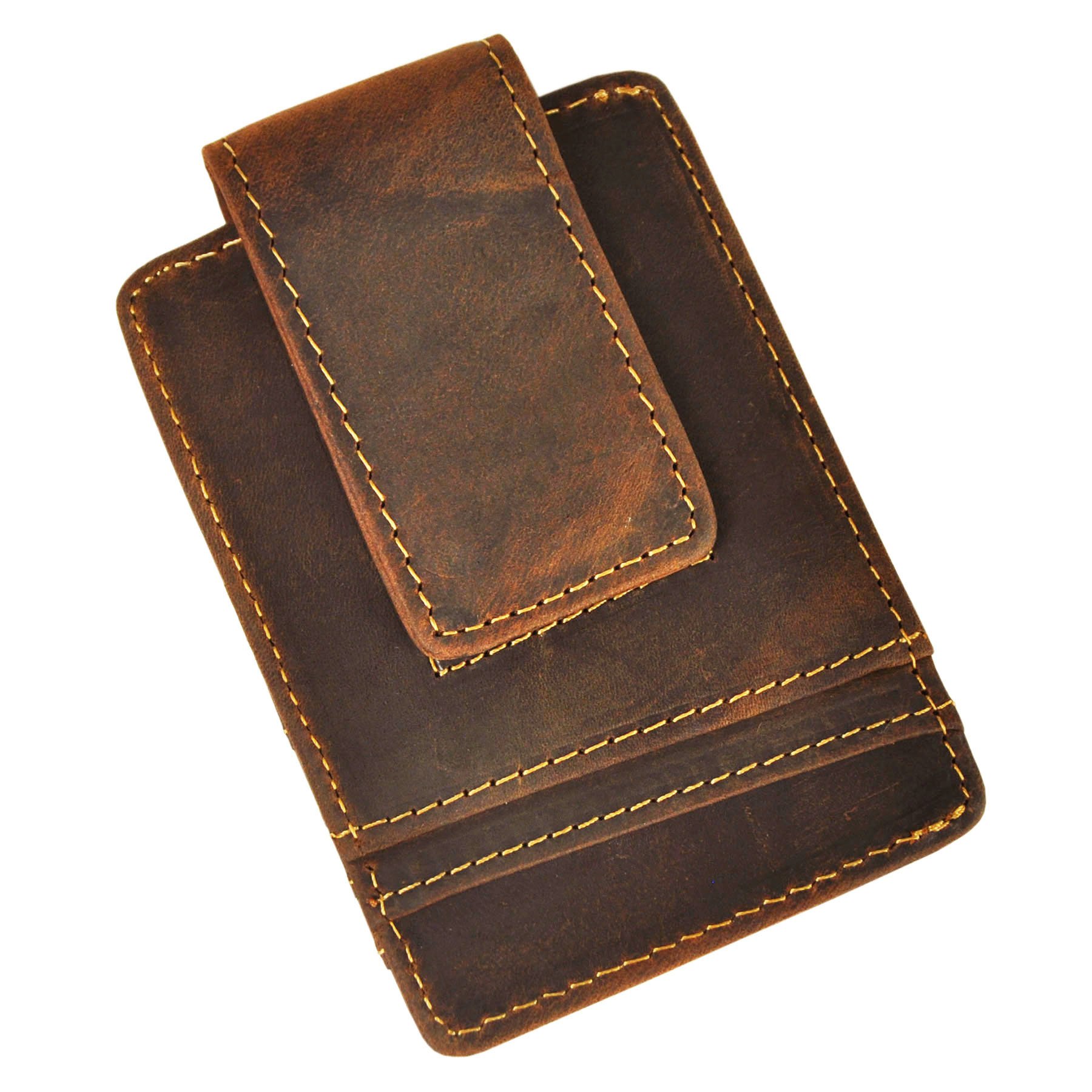 Le'aokuu Mens Genuine Leather Cowhide Magnet Money Clip Credit Case Case Holder Slim Wallet 1058 (1058 A-Dark Brown)