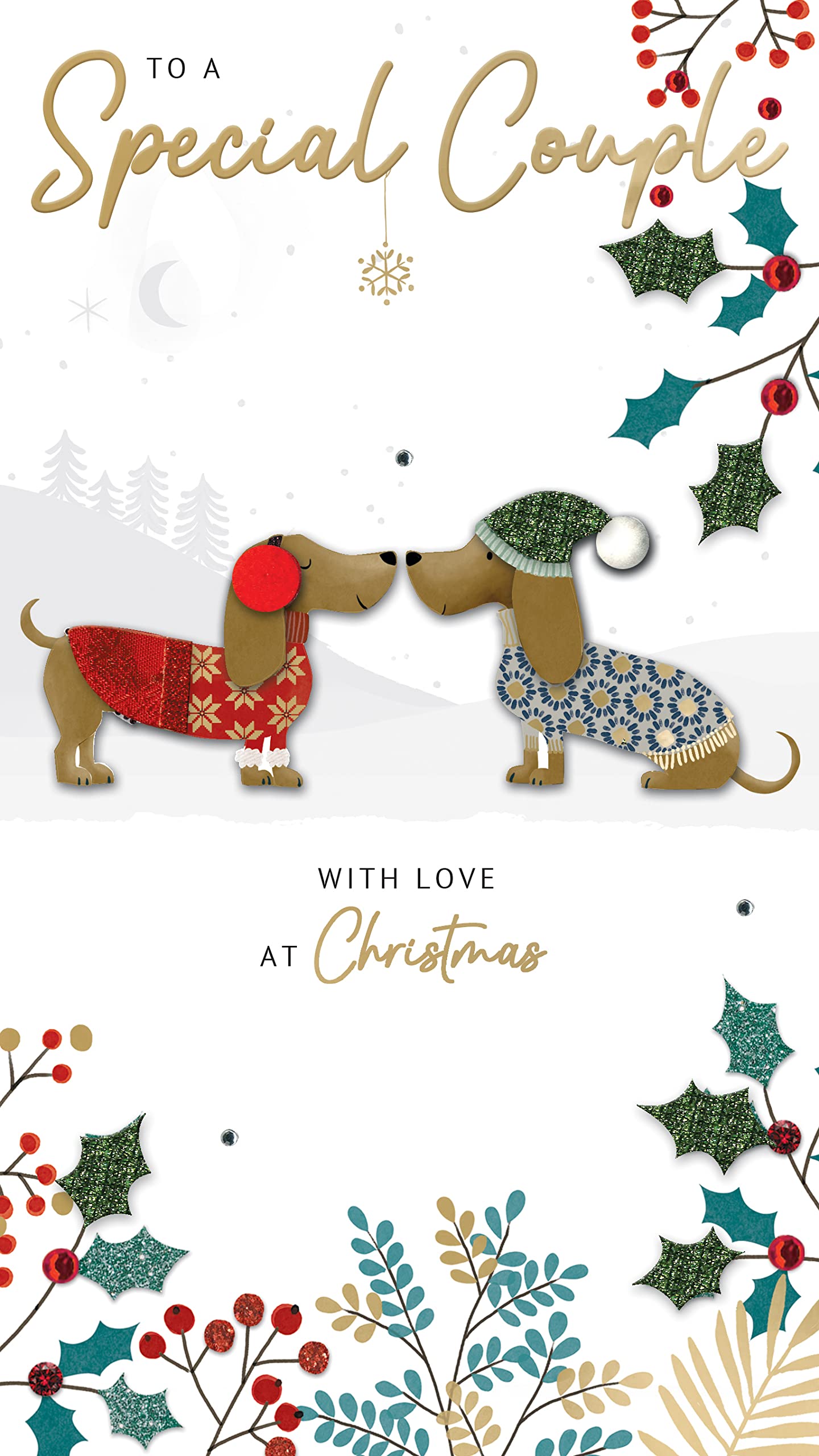 Greeting Cards for Everyone Special Couple Dachshund Embellished Christmas Card Hand-Finished Champagne XCDC409