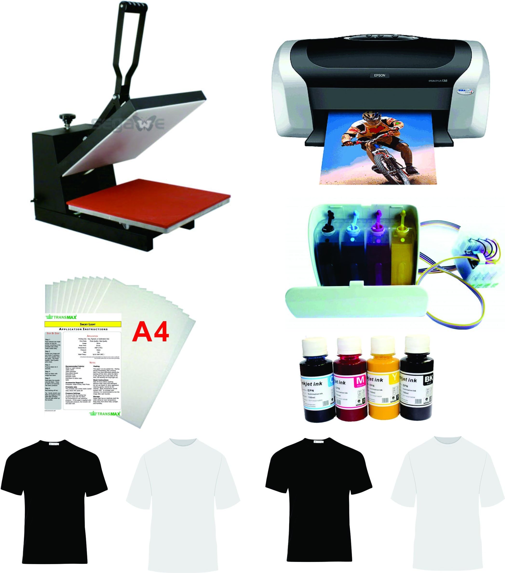 15x15" Flat Heat Press A4 Epson Printer Paper Ink CISS Start-up KIT T-shirts